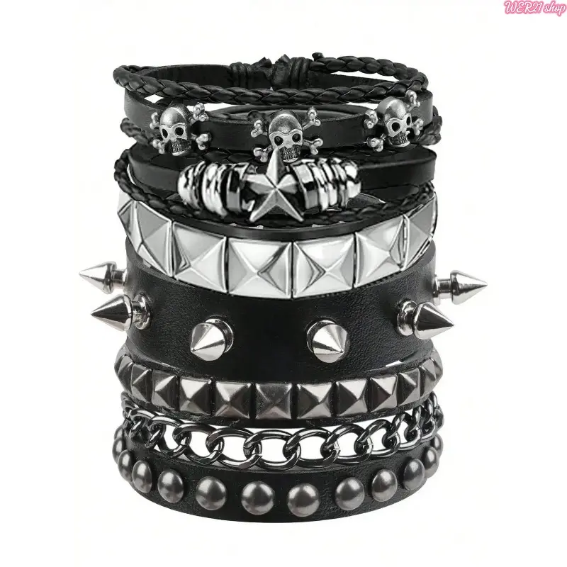 Y2K Punk Bracelet Set, 5PCS PU Leather Studded Rivet Wristbands, Gothic Grunge Stackable Cuff Bracelets, Adjustable Spiked Jewelry for Concert, Festival, Cosplay & Streetwear Party Outfits