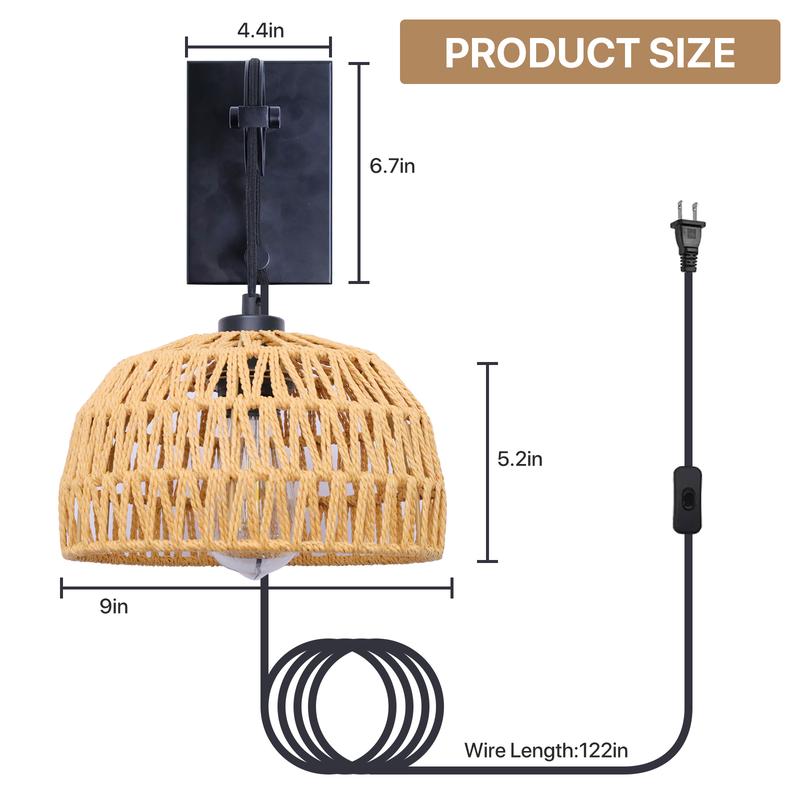 GLITGATE Boho Plug-in Wall Sconce without Bulbs for Livingroom,Hand-woven Rattan Wall Lamp With Adjustable Height,Wall Mounted Night Light,Bedside Wall Lamps for All E26 Bulbs for Bedroom,Living Room Decor (Bulbs Not Included)