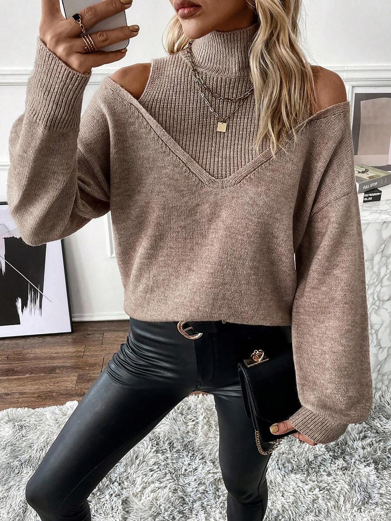 Autumn Winter New Pure Color Loose Simple Fashion Knit Off-Shoulder Long Sleeve High Neck Sweater, Soft Comfortable Elegant Casual Top Womenswear