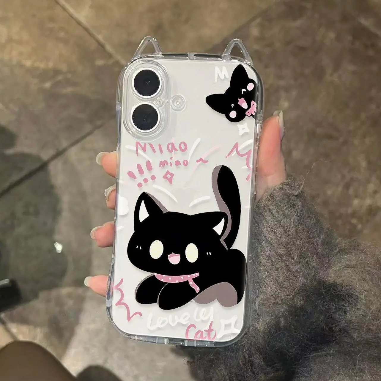 Cute Cat Ear Phone Case for iPhone 16 Pro Max 15 14 Plus 13 12 11 Pro Silicone Soft Shockproof Cover Kitten Cases with Chain