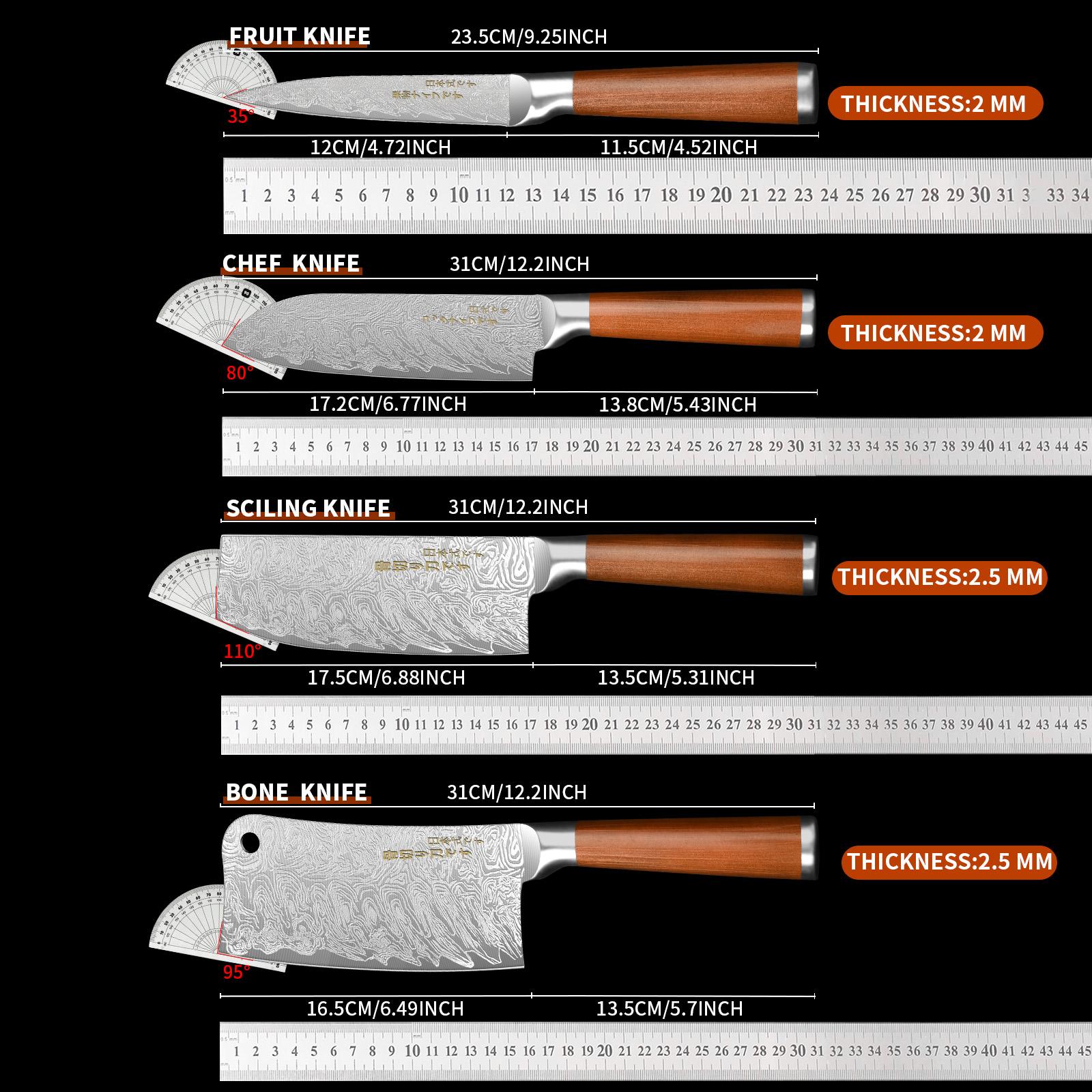 Japanese All Steel Kitchen Knives Block Set, Sharp Blade Chef Knife with Imitation Wooden Handle, Professional Cutting Tool for Bone, Meat, Fish, Vegetables. Ideal Chef Christmas Gift.