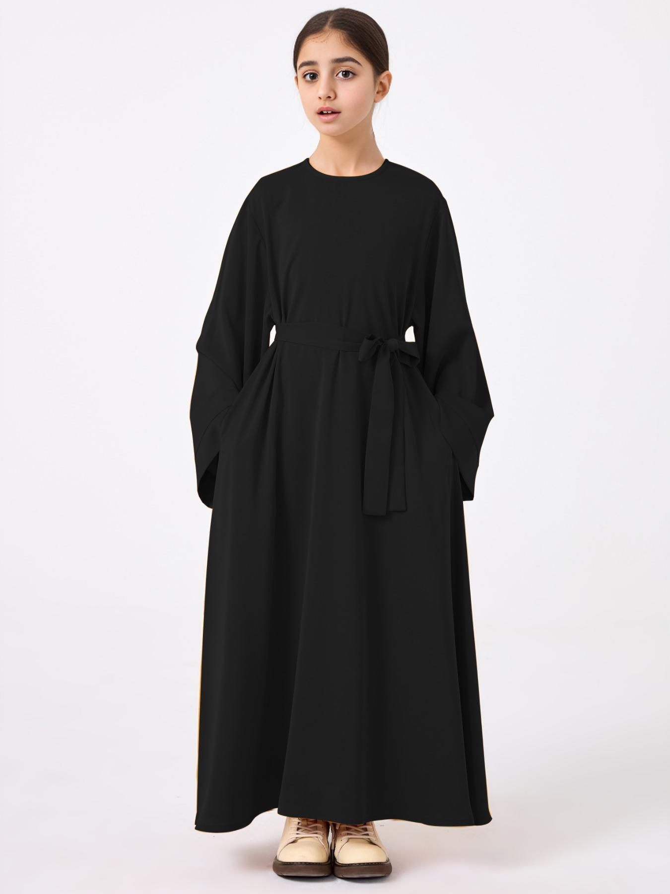 Girl's Solid Belted Dress, Modest Long Sleeve Dress for Daily Wear, Kids Clothes for All Seasons