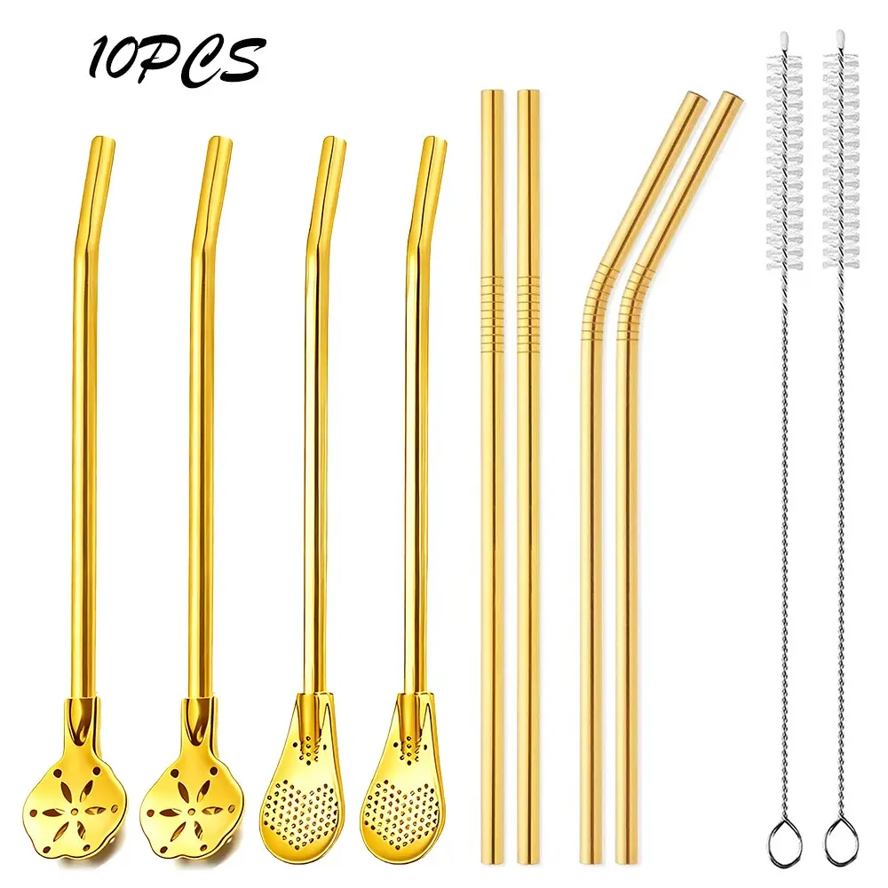 10pcs, 304 Stainless Steel Straws & Cleaning Brushes Set, Bombilla Yerba Mate Straw, Reusable Straw for Ice Tea/Coffee/Cocktail/Milkshake, Party Additions, Nice Gift, Straw Accessories