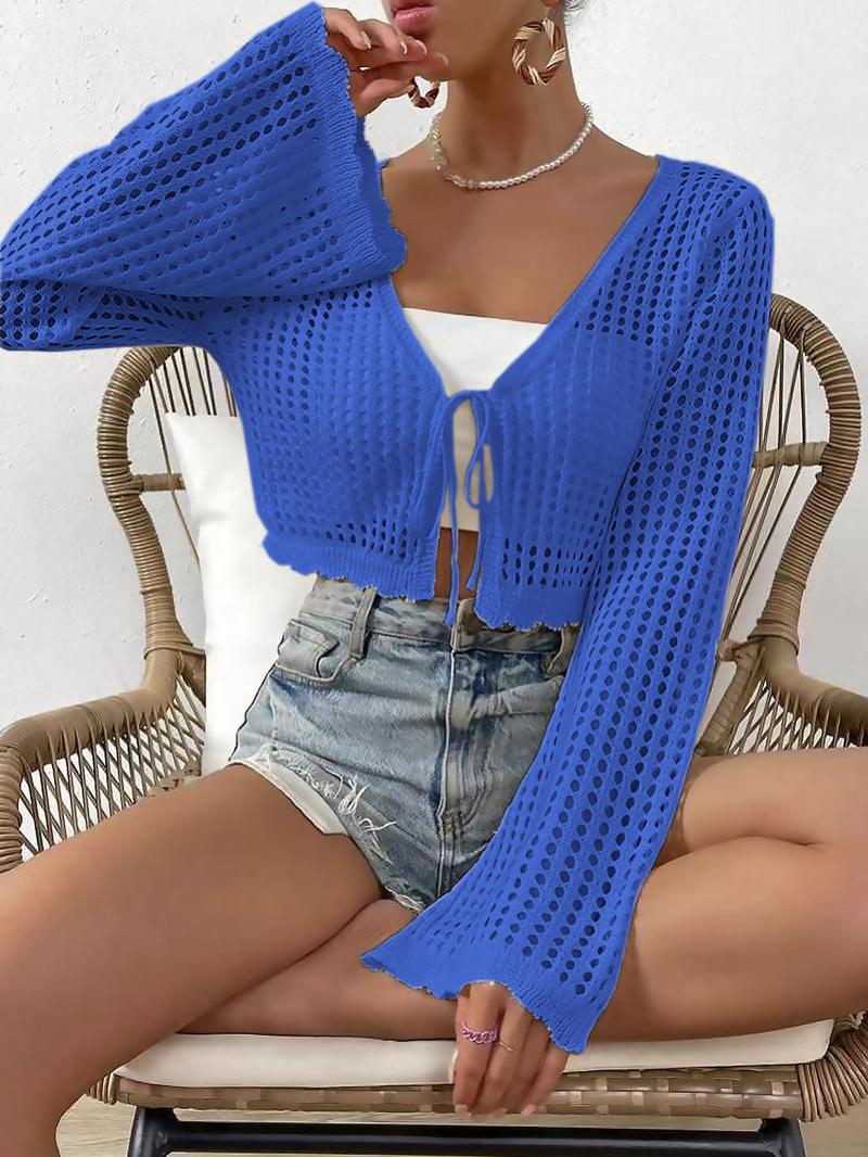 Women's Plain Hollow Out Tie Front Crop Cardigan, Casual Flounce Sleeve V Neck Cover Up Knitwear for Spring & Fall, Summer Outfits 2024, Women's Knit Clothing for Daily Wear