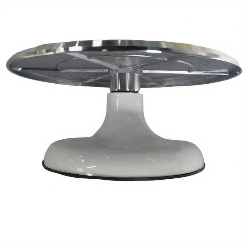 This aluminum cake turntable features 360-degree rotation, a non-slip base, and a heavy-duty smooth rotating stand. Suitable for 4-8 inch cakes, it's ideal for cake decorating, baking, and frosting preparation.