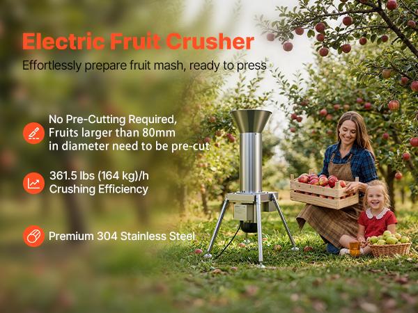 VEVOR 1100W Electric Fruit Apple Crusher, SUS304 Freestanding Crushing Machine, Grinds Whole Apples Up to 3.15 Dia, 164 KG/H Capacity, Cider Press for Apples, Pears, Pineapple, Guava, Carrot, Potato