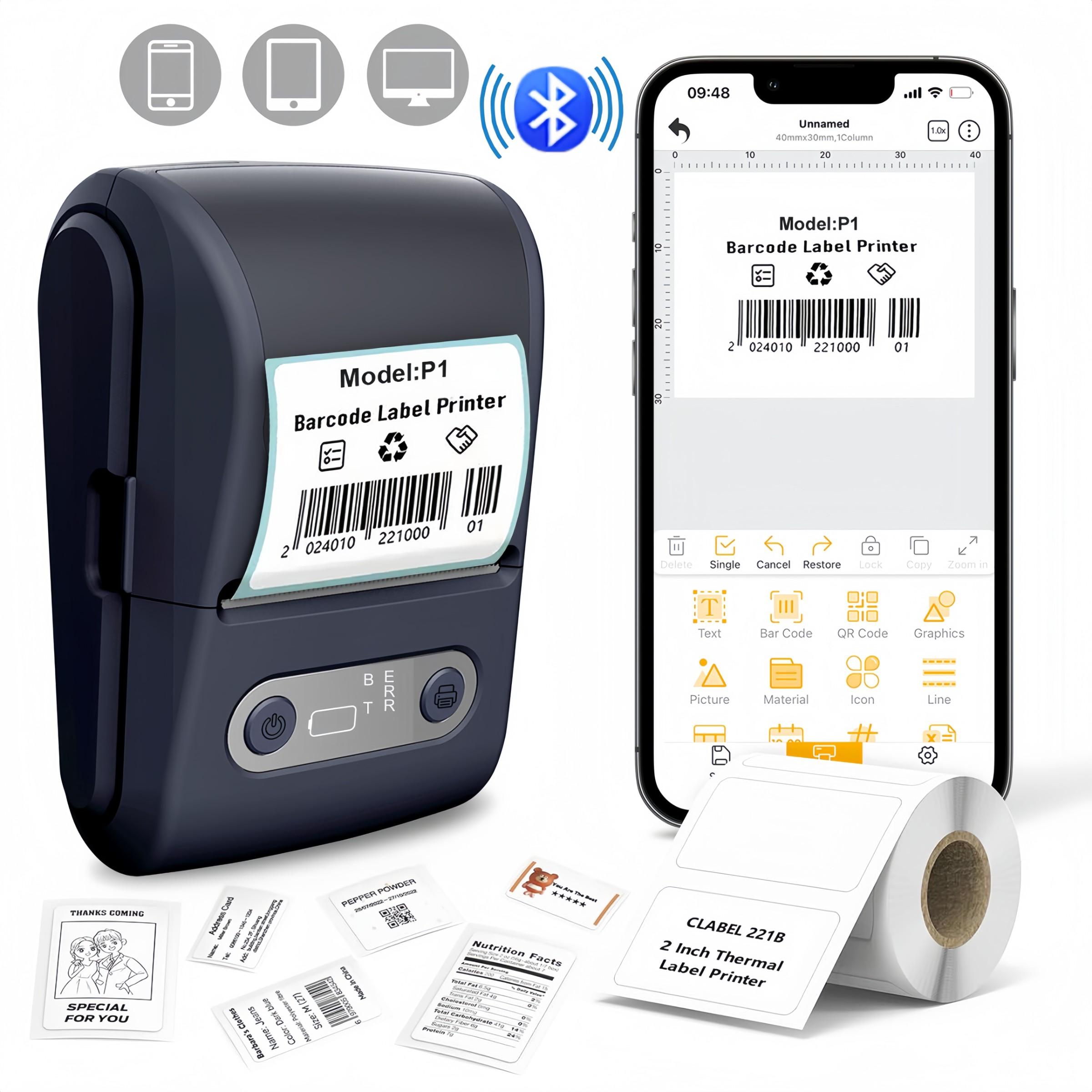 HZTZ Portable Wireless Thermal Label Printer, Mini Barcode & Sticker Making Machine, Suitable for Office Retail Jewelry Labels, Compatible with Smartphones
