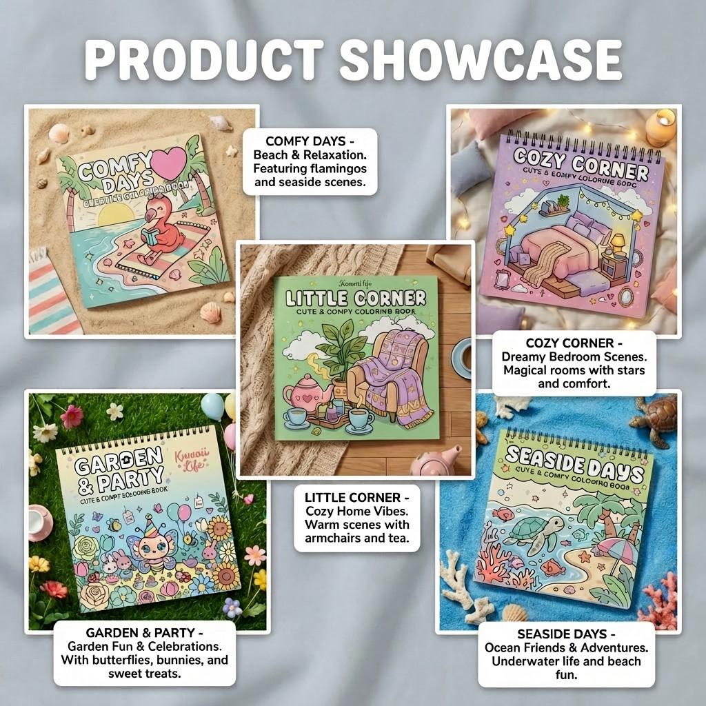 Kawaii Coloring Book - 5pcs Garden, Seaside days, Cozy Corner & Comfy Days Themes - Exquisite Illustrations with Clear Lines, Super-Sensitive Opaque Paper - Stress Relief, Relaxation, Fun for Teens, Adults & Seniors - Perfect Gift for Birthdays, Holidays