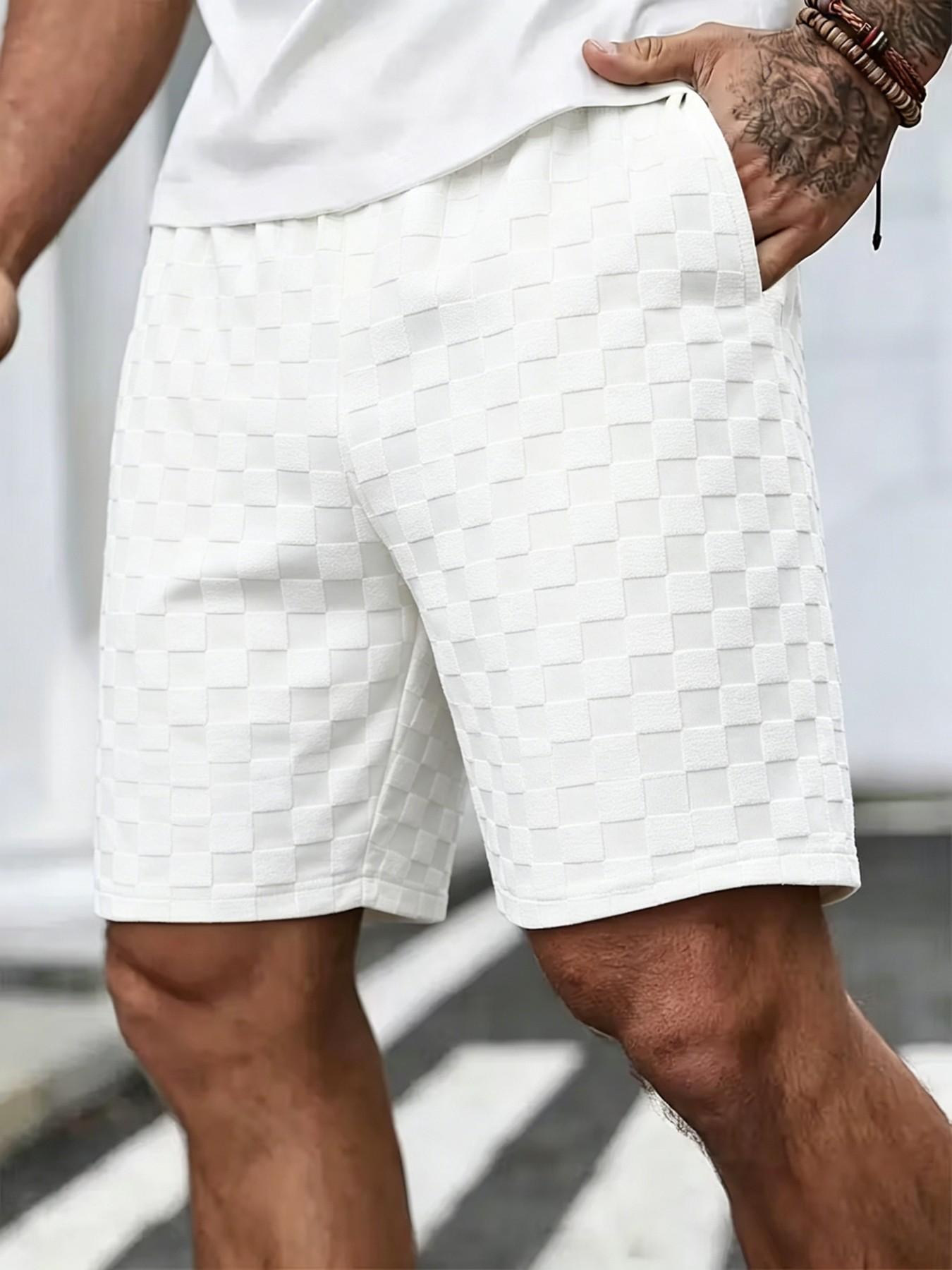 Men's Waffle Check Casual Shorts, Breathable Skin-Friendly Loose Fit Straight Leg Five-Quarter Pants, Daily Commute Versatile Beachwear