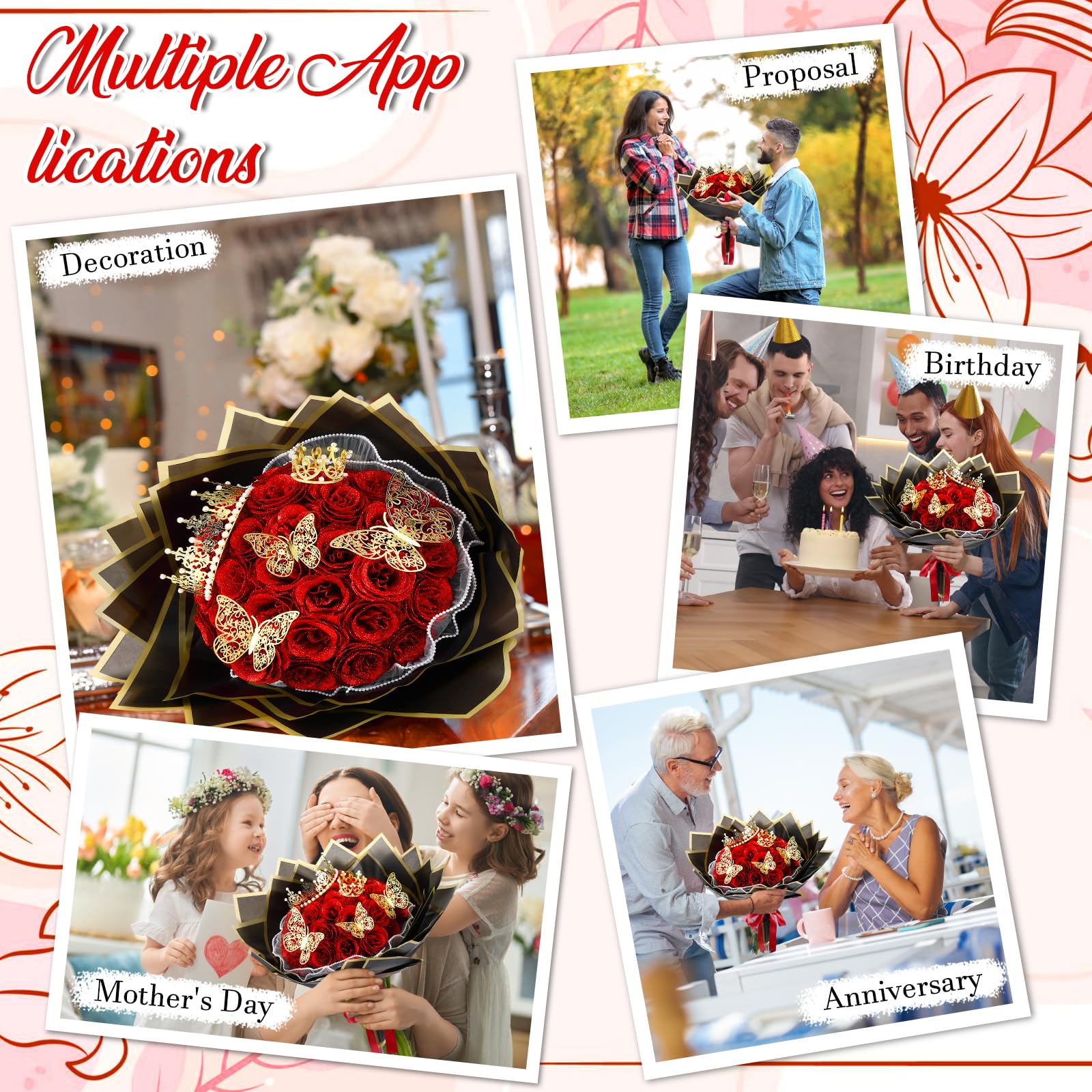 24/36 Pcs Mother's Day Gift Glitter Roses Bouquet Set DIY Fake Flowers Bouquet with 3D Butterflies Crowns Alphabet Stickers & Ribbons for Girlfriend Wife Mom Women Gift Perfect for Valentine's Day Birthday Engagement Wedding Anniversaries Graduation