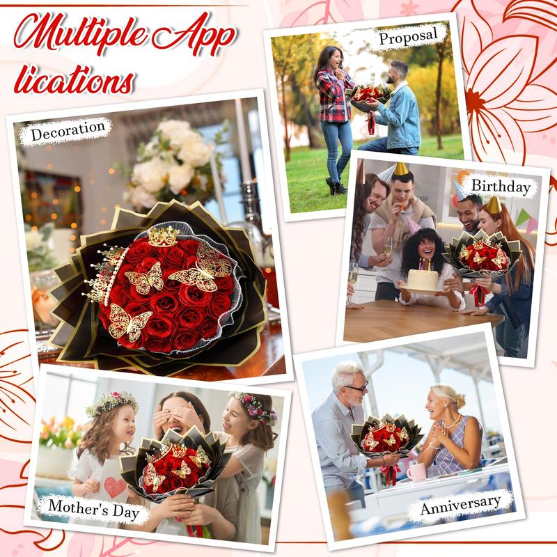 24/36 Pcs Valentine Gift Glitter Roses Bouquet Set DIY Fake Flowers Bouquet with 3D Butterflies Crowns Alphabet Stickers & Ribbons for Girlfriend Wife Mom Friend Women Gift Perfect for Valentine's Day Birthday Engagement Wedding Anniversaries Graduation