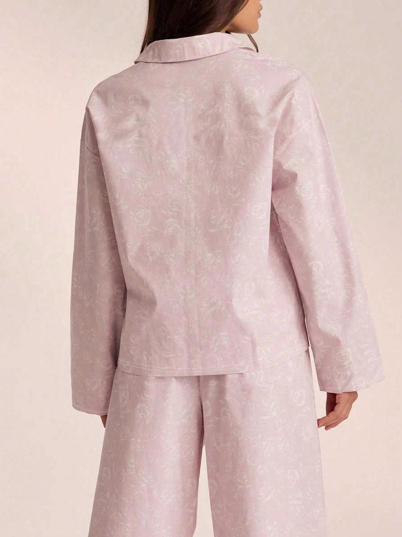 Women's Floral Print Lapel Sleepwear Set, Casual Comfortable Full Body Flower Pattern, Ladies Homeewear Suit for Spring & Fall