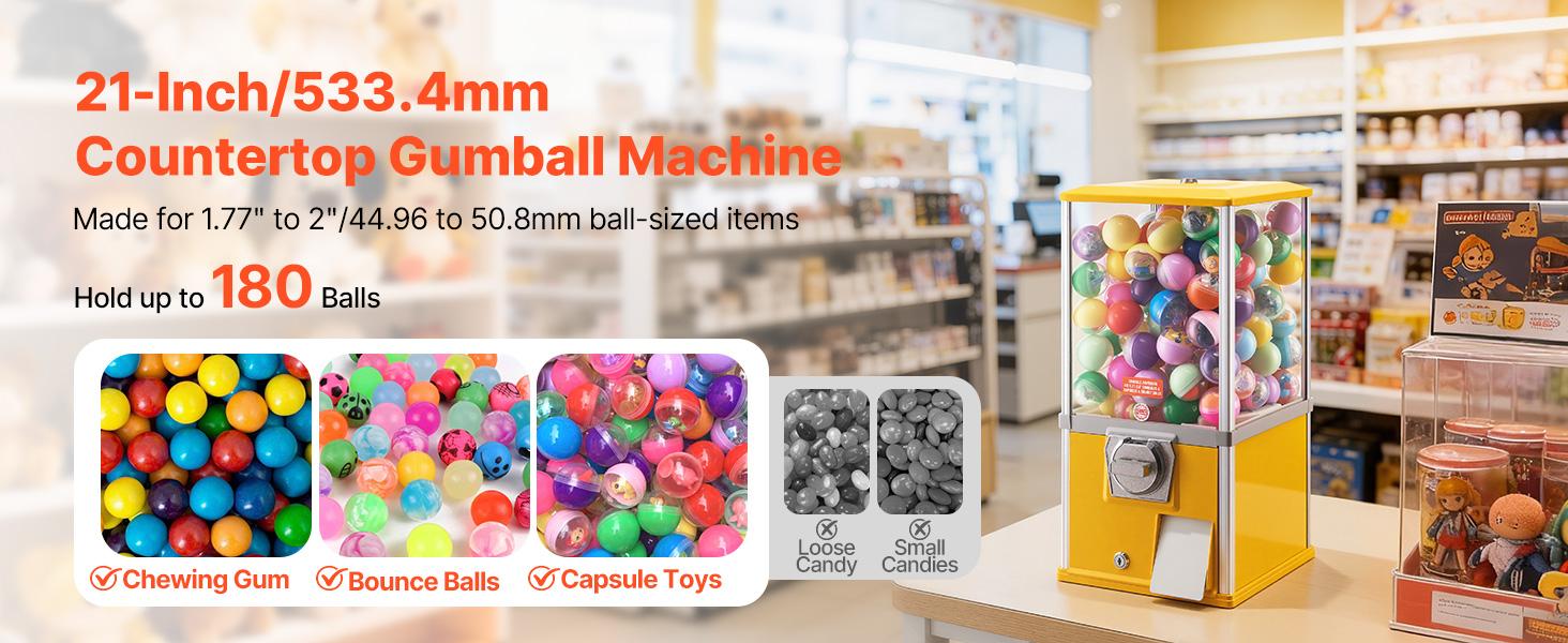 VEVOR Gumball Machine, 21 inch Height Candy Vending Machine Dispenser, 25-Cent Vending Machines for Shopping Malls, Supermarkets, Amusement Parks, Arcades, Holds Up to 180 1.77 inch Spherical Candies VEVOR Gumball Machine, 21 inch Height Candy Vending Machine Dispenser, 25-Cent Vending Machines for Shopping Malls, Supermarkets, Amusement Parks, Arcades, Holds Up to 180 1.77 inch Spherical Candies