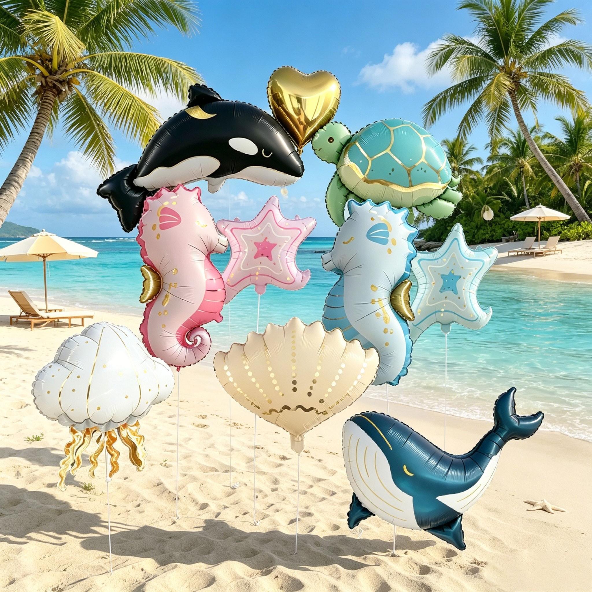 12-Piece Ocean Animal Aluminum Foil Balloons Set, Shell, Blue Whale, Jellyfish, Turtle, Seahorse, Orca, Heart Shape, Party Decorations