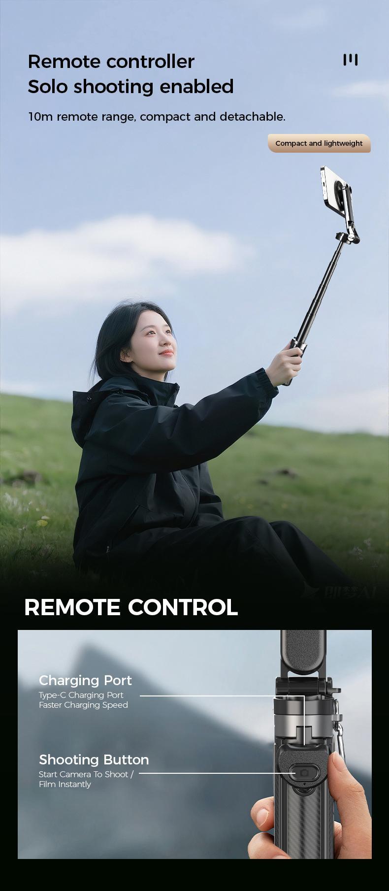 2026 New 4-in-1 Multifunctional Magnetic Selfie Stick 360° Rotation Compact Stylish with Wireless Bluetooth Control Magnetic Phone Holder for Selfies Video Recording Vlogging Compatible with Most Phone Modes Tripod Stabilizer ，Max extend to 14.96 inches