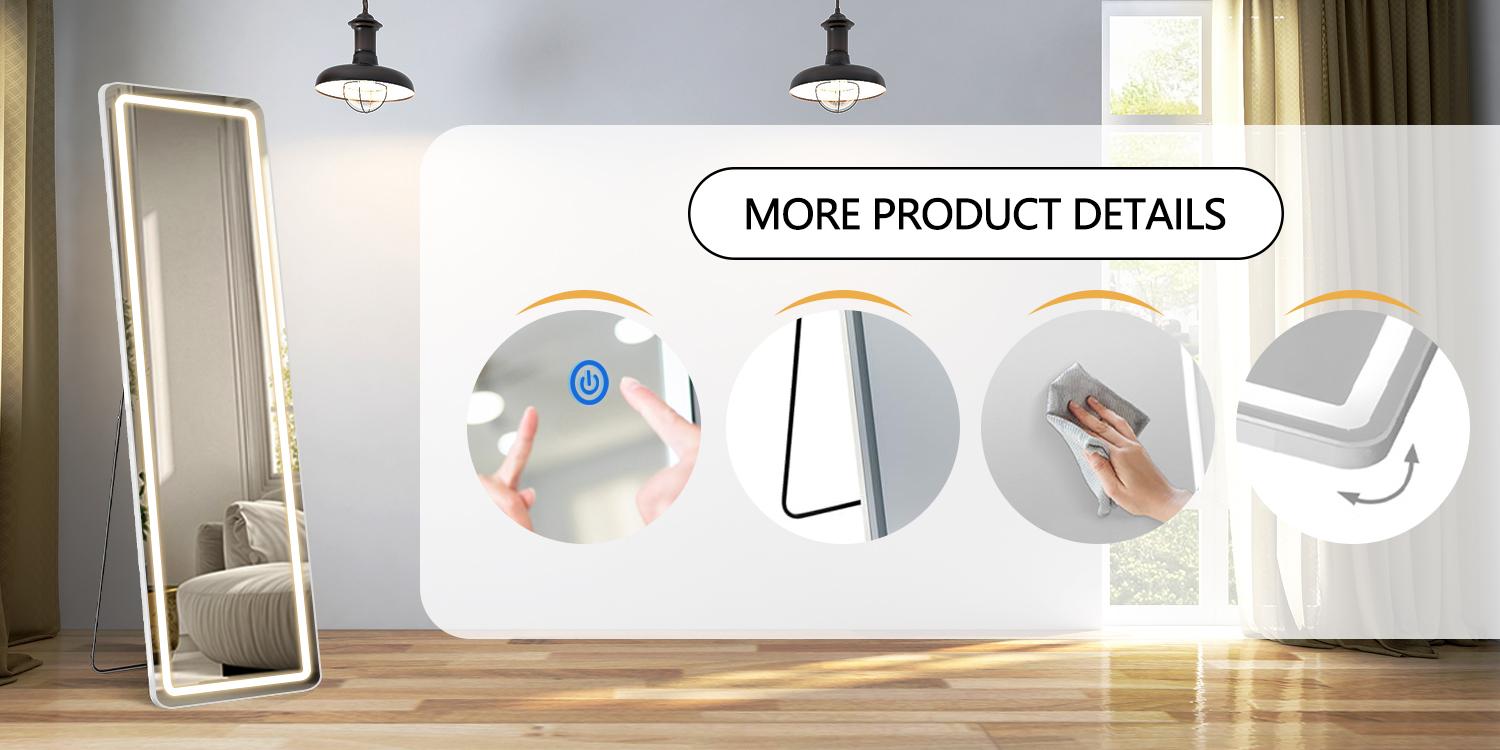 RIMIKING LED Full-Length Mirror, Touch Button Control, Dimmable Brightness, Color Temperature Options,Home Decor, Hd Glass,2164N