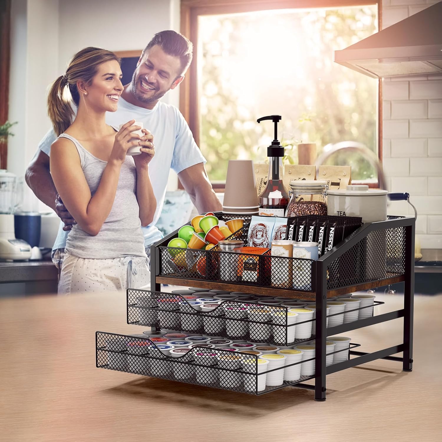 Coffee Bar Organizer - Coffee Station for Countertop, Metal and Wood K Cup holder Storage Basket for Coffee Pods, Syrup, Cups, Stirrer, Coffee Condiment, Tea Organizer, Black and Brown