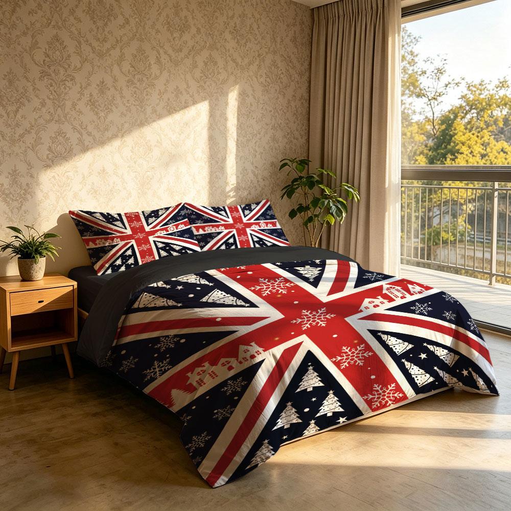 The 3-piece Christmas-themed British flag bedding set includes one bedspread and two pillowcases, without fillings. It's soft and comfortable, suitable for single beds and double beds, and ideal for use in bedrooms, dormitories, and hotels.