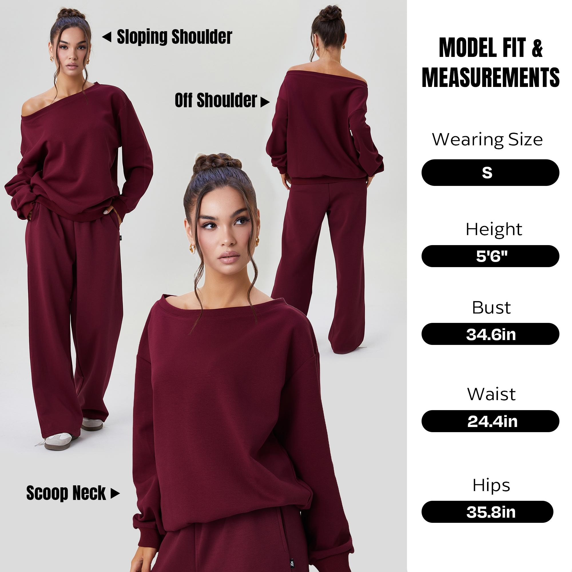 Women's Casual Comfortable Round Neck Loose Baggy Oversize Basic Plain Minimalist Asymmetrical Shoulder Long Sleeve Top and Wide Leg Pants Set, Fall & Winter Home Wear Suit
