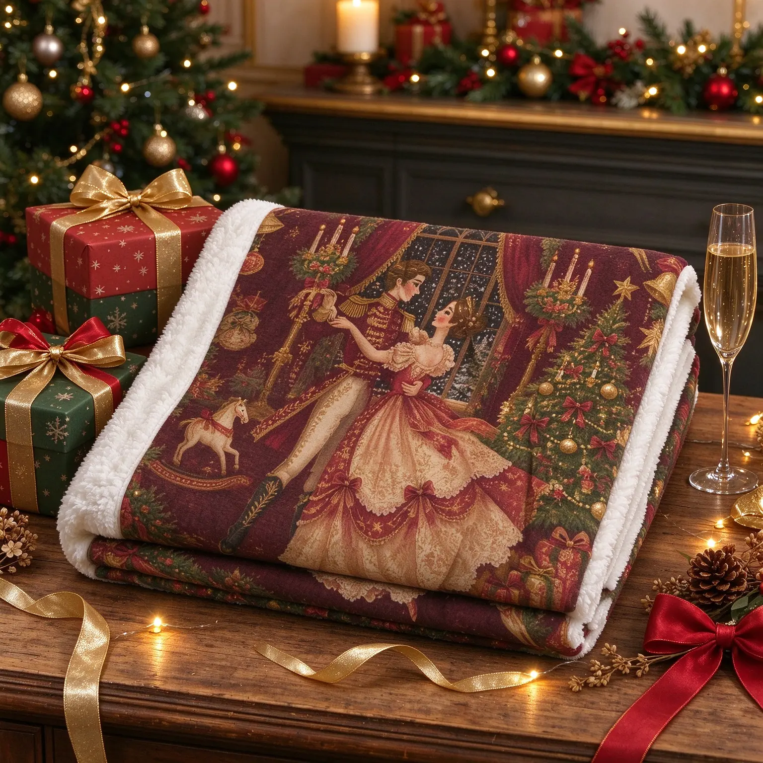 Vintage Nutcracker Ballet Sherpa Throw Blanket, Victorian Christmas Couple Dancing Print Blanket, Soft Warm Double Sided Blanket, Xmas Home Decor, Perfect Birthday Halloween Christmas Holiday Gift