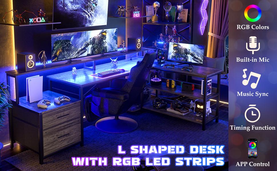 73" Reversible L Shaped Computer Desk with Power Outlet & LED Strip,Gaming Desk with Monitor Stand,Office Desk with File Drawer and Storage Shelves
