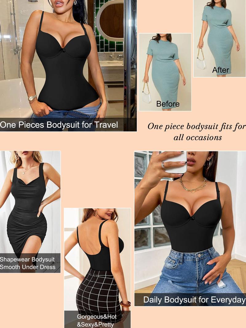 Women's Plain Bow Decor Cami Shapewear Bodysuit, Adjustable Strap Tummy Control Thong Shaper, Ladies Body Shapewear