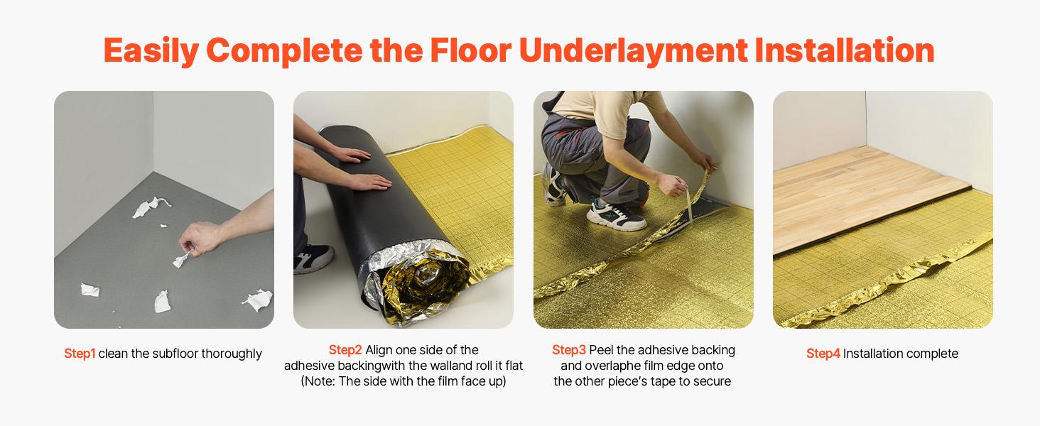 Floor Underlayment 200 sq. ft/Roll, 3-in-1 3 mm Thick Flooring Padding with Tape Vapor Barrier, Heavy Duty EPE Foam with Gold PE, Soundproofing and Noise Reduction, for Laminate Wood Floors
