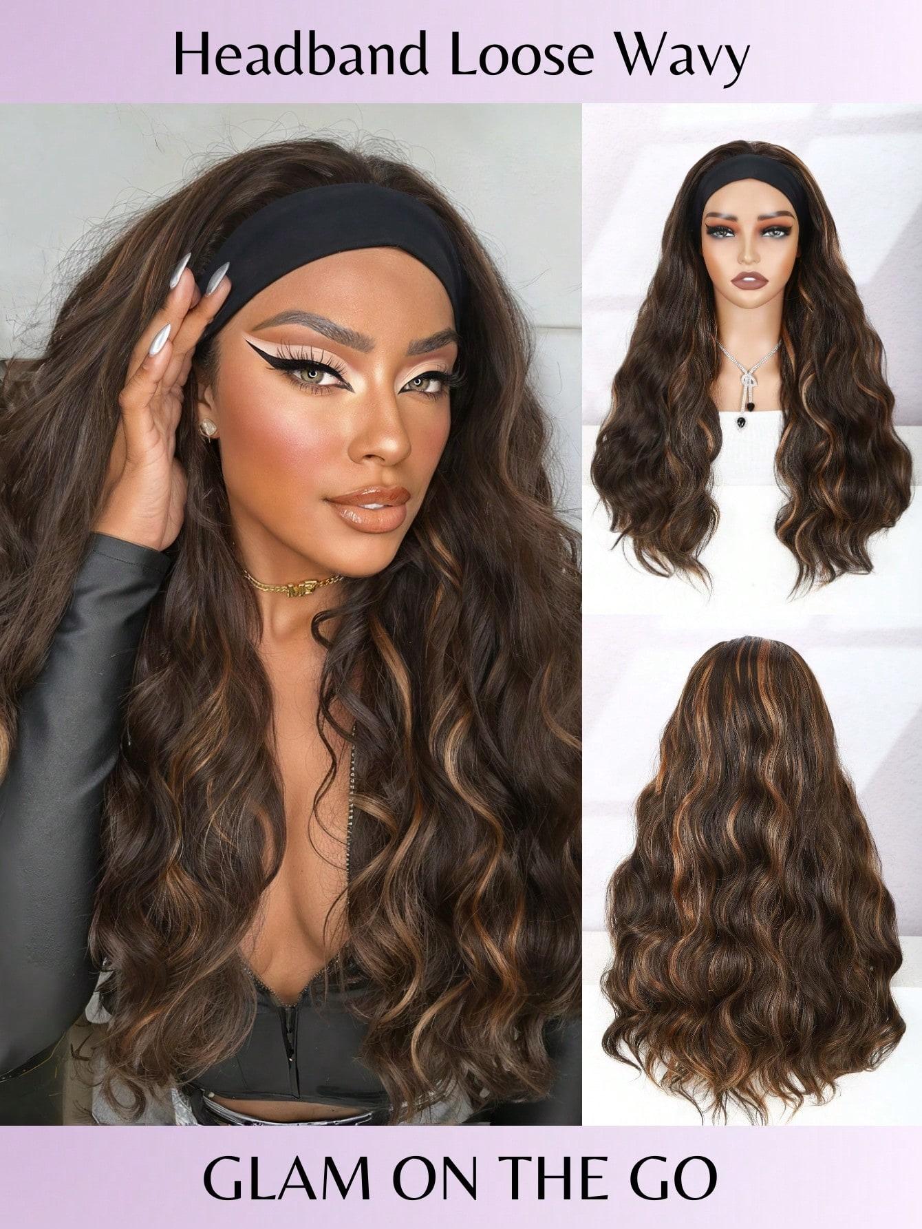Long Wavy Headband Wig for Women, Blonde Highlight, 200% Density, Glueless, Synthetic Fiber Wigs, Party Daily Use, All Seasons