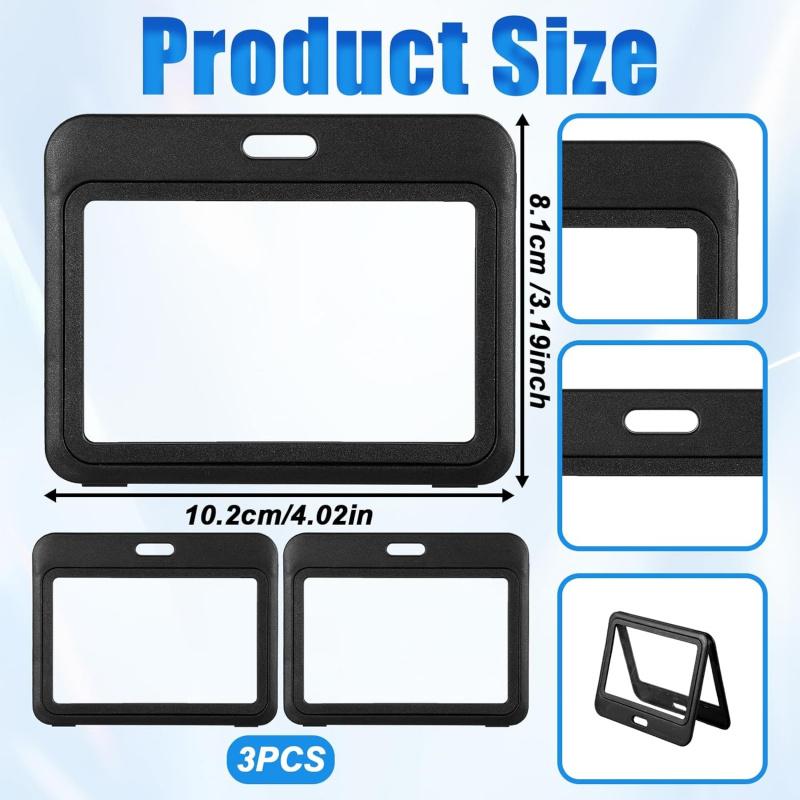 3 Pack Horizontal Id Badge Holder, Double-Sided Transparent Windows Horizontal Hard Black Plastic Case Waterproof Card Holder, Waterproof Name Tags Holders for Proximity Key Card Office School