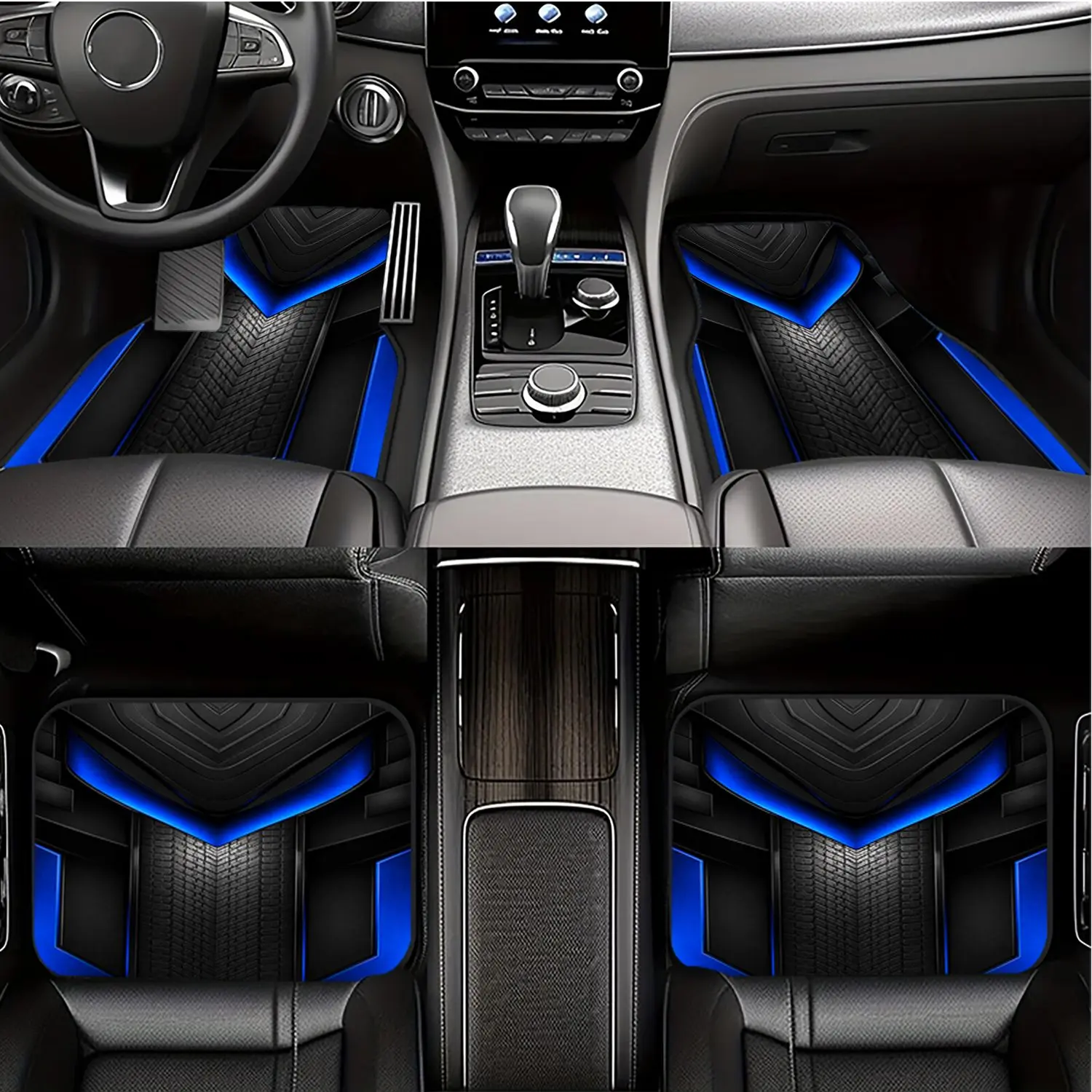2Pcs 4Pcs Universal Car Mat Set, Futuristic Black And Blue Neon Armor Print, Trendy Vehicle Interior Decoration, Durable Auto Carpet Liners For Daily Driving