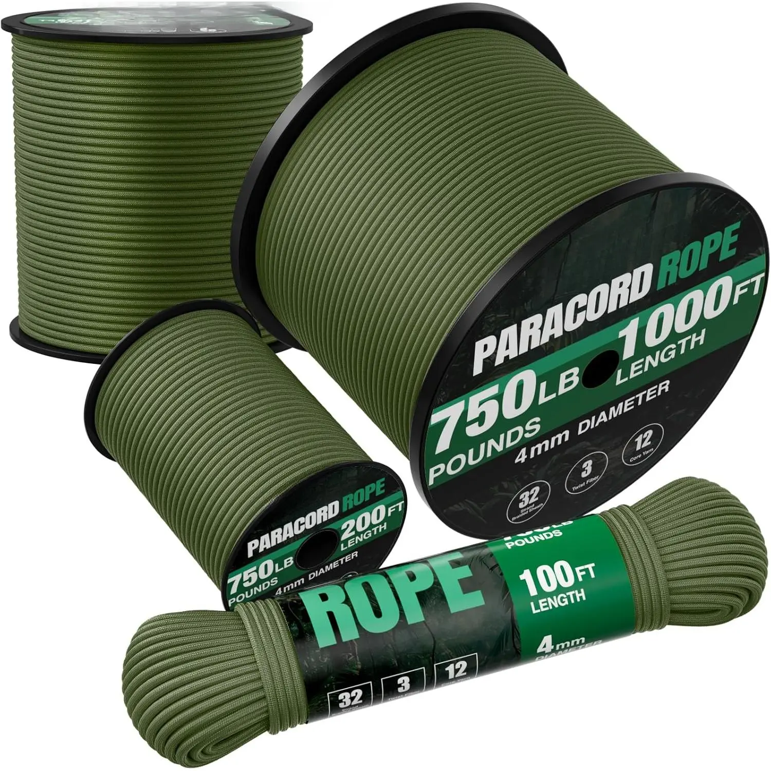 750lb Durable Weather Resistant Paracord Rope - 5/32" 4MM 12-Strand Parachute Cord Spool, 100ft/200ft/500ft/1000ft Sizes, Heavy-Duty String for Survival, Camping Gear, Durable Ropes, Weather Resistant Ropes