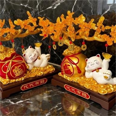 Lucky Cat Gold Branch Ornament, Home Decor for Living Room, Entryway, Study, Shop Front Desk, Moving In, Business Gift, Festival Present