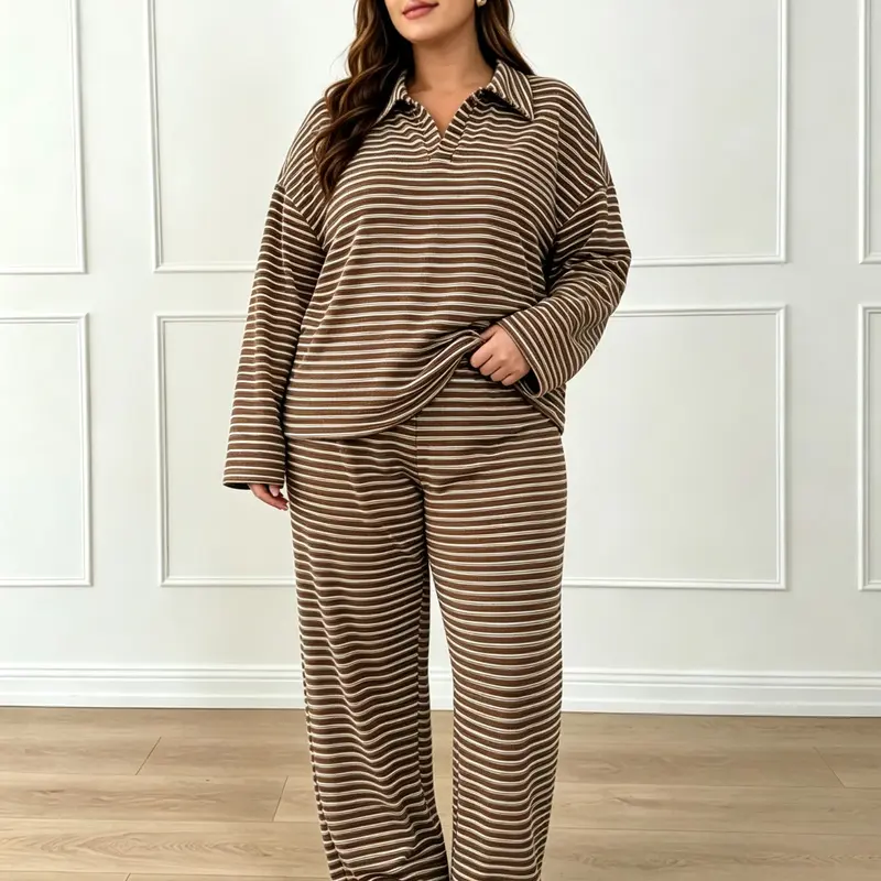 Women's Striped Top & Pants Set, Long Sleeve, Loose Fit, Pocket Design, Spring & Summer Casual Wear, Loungewear, Pajama
