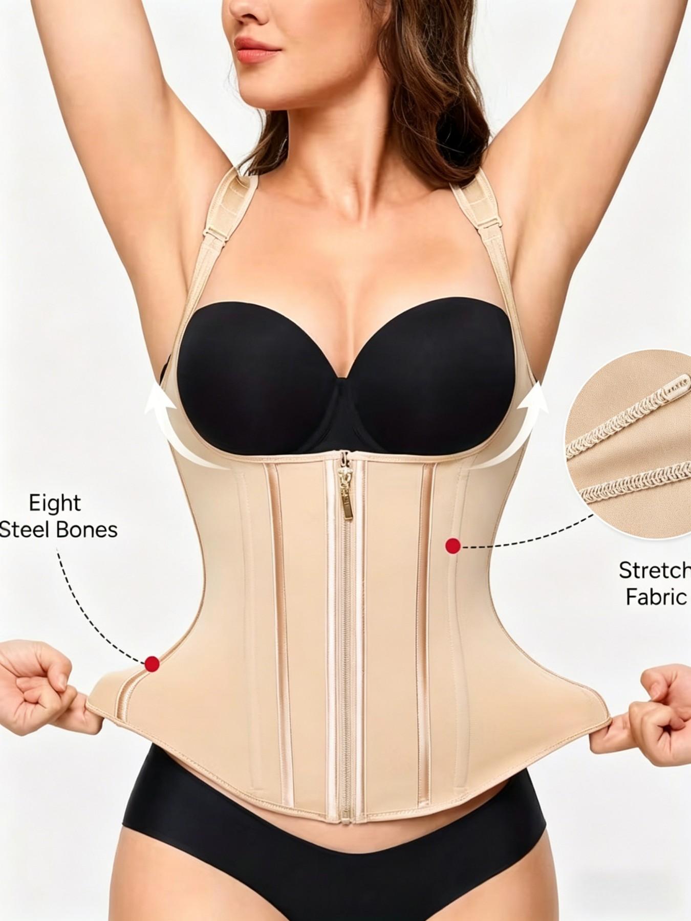 Adjustable Waist Shapewear for Women, Latex Bodycon Tight with Full Zip Front Closure, Back Support, Abdominal Control Belt