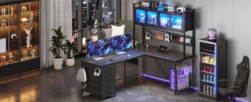 Sikaic 62 Inches LED Reversible L Shaped Gaming Desk With Power Outlet Storage Drawers Hutch and Pegboard Furniture Computer Chair Dual Monitor Stand