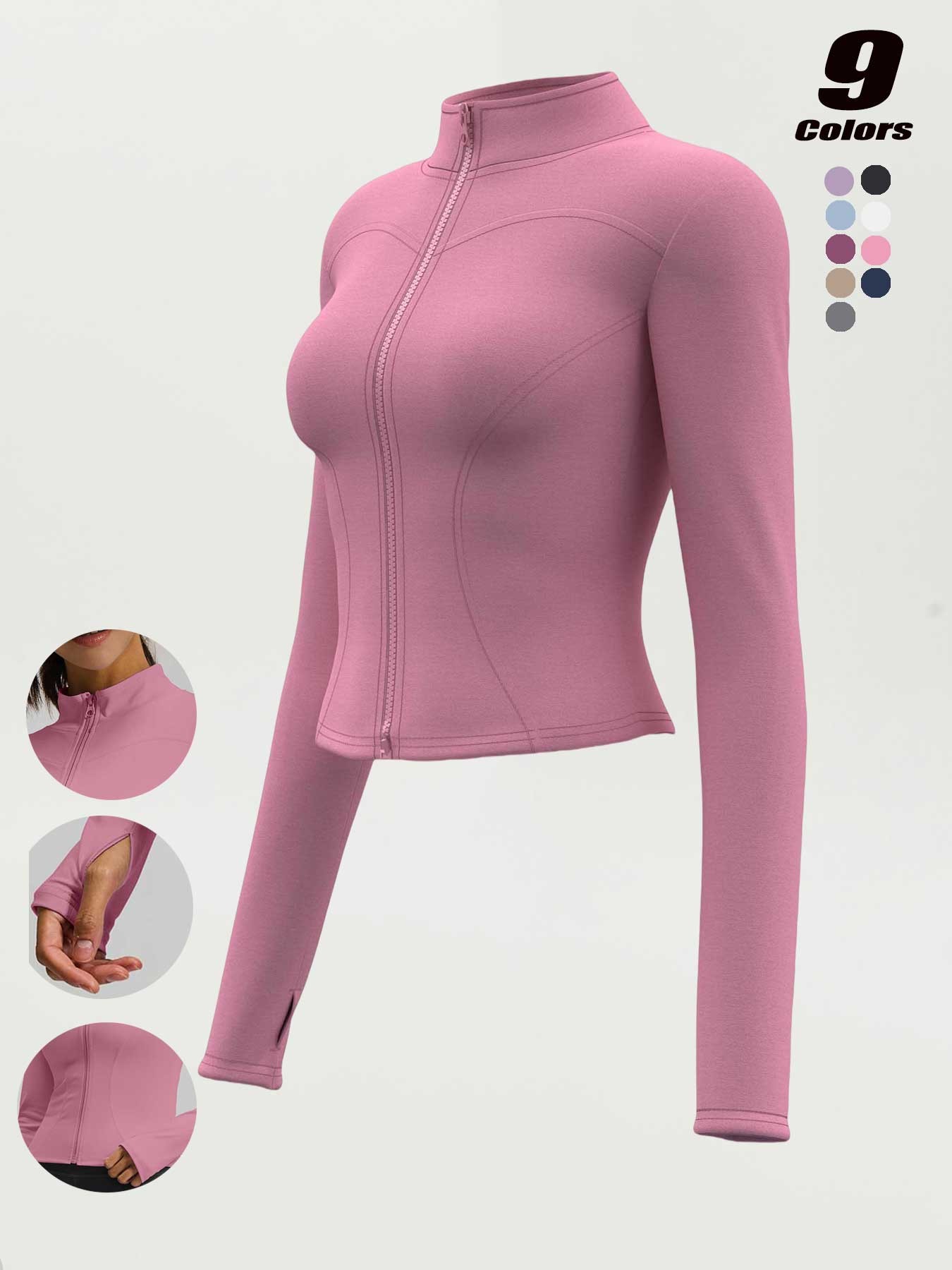 Women's High Elastic Stand Collar Thumbhole Fitted Gym Top, Breathable Thinning Yoga Jacket, Sports Jacket for All Seasons, Long Sleeve Fitness Wear S-Xxxl