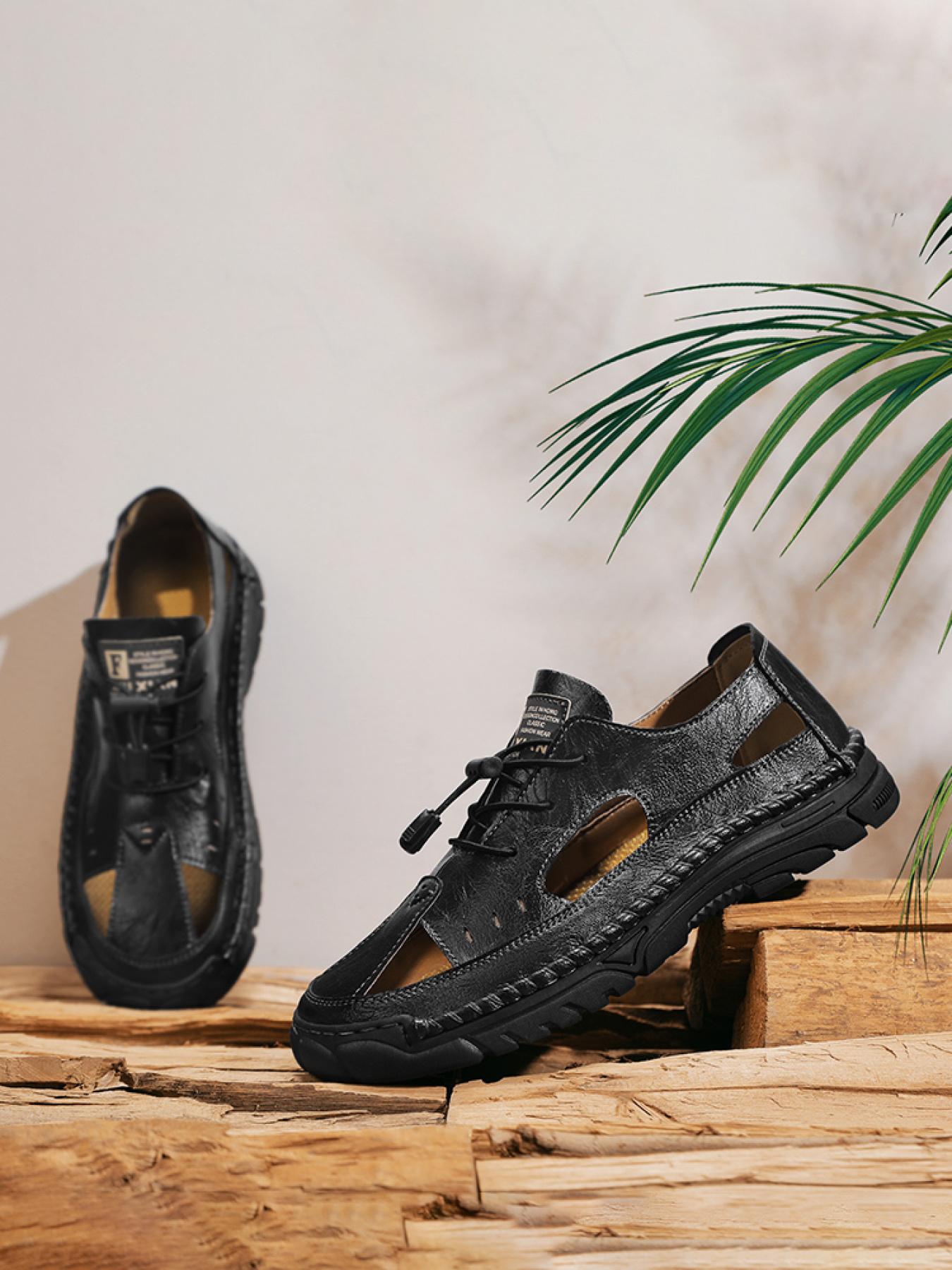 Men's Solid Color Hand-Stitched Closed-Toe Sandals Drawstring Soft Sole Water Shoes Breathable Slip-On Outdoor Beach Shoes