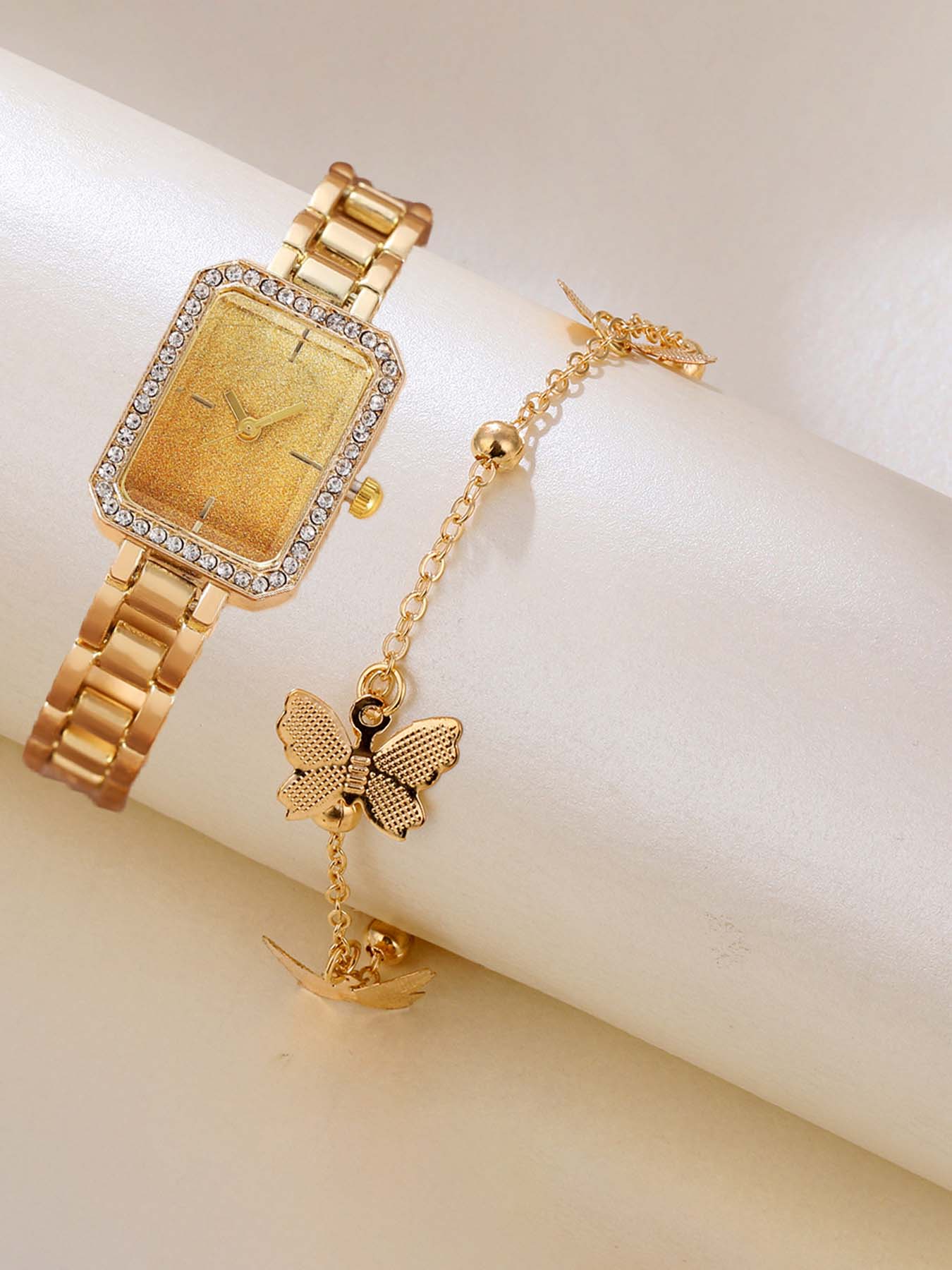 2-piece Women's Watch Set, Simple and Fashionable Full Sky Star Rhinestone Square Watch Set