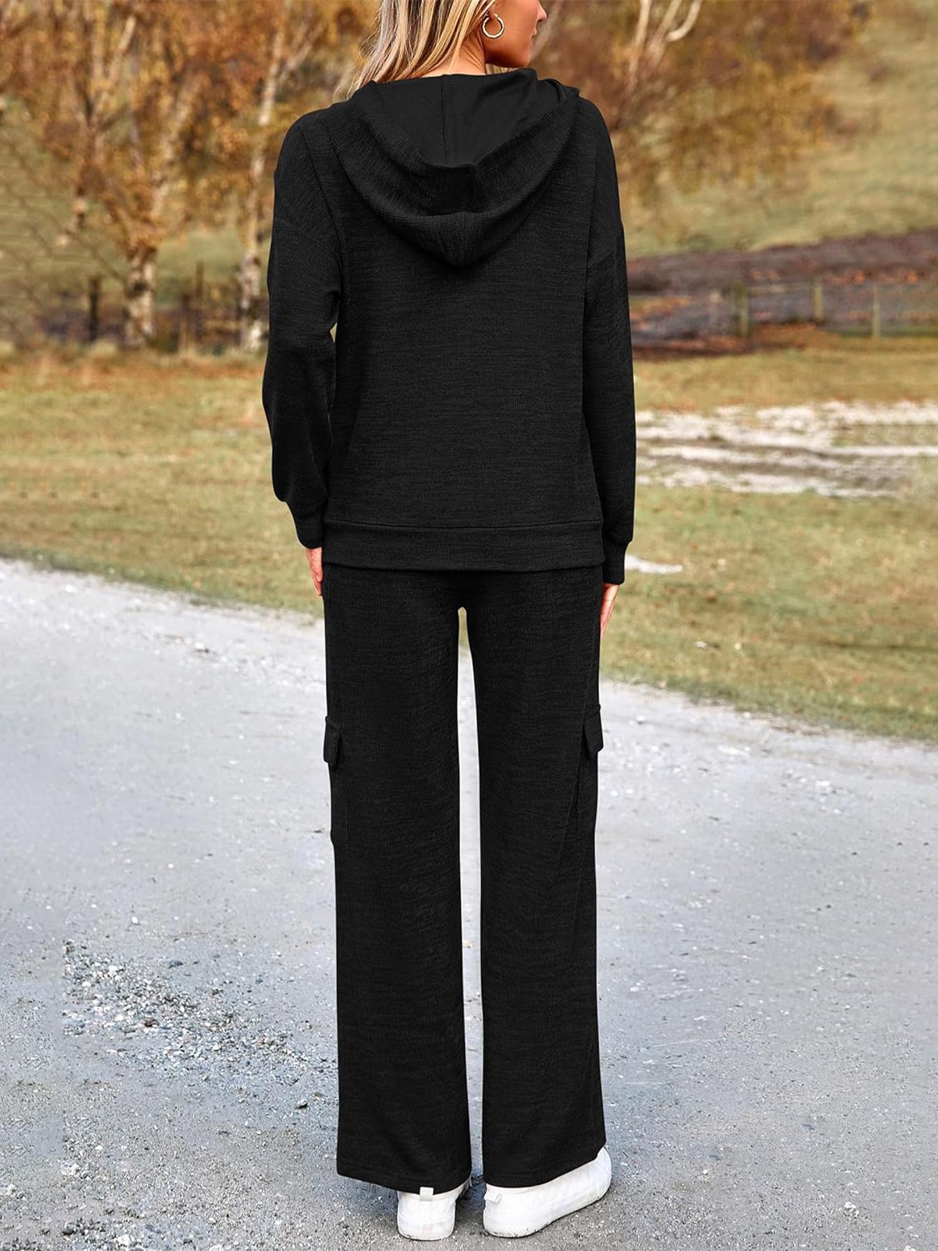 2026 Womens Fall Outfit 2-Piece Knitted SetsHoodie Tracksuits Wide Leg Pants With Pocket AndDrawString Long Sleeve Hooded Kangoroo Pocket TopsKnitwear Sporty Casual Loungwear, Womenswear Travel Outfit