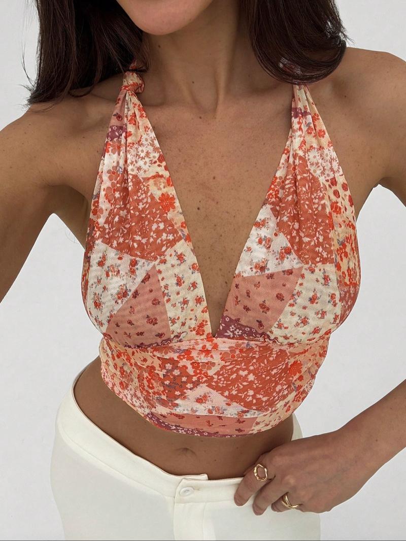 Women's Floral Print Halter Neck Top, Boho Sleeveless Cropped Top for Summer, Women's Clothing for Beach Holiday Vacation, Boho Sleeveless Tie Back Womenswear, Casual Boho Sleeveless