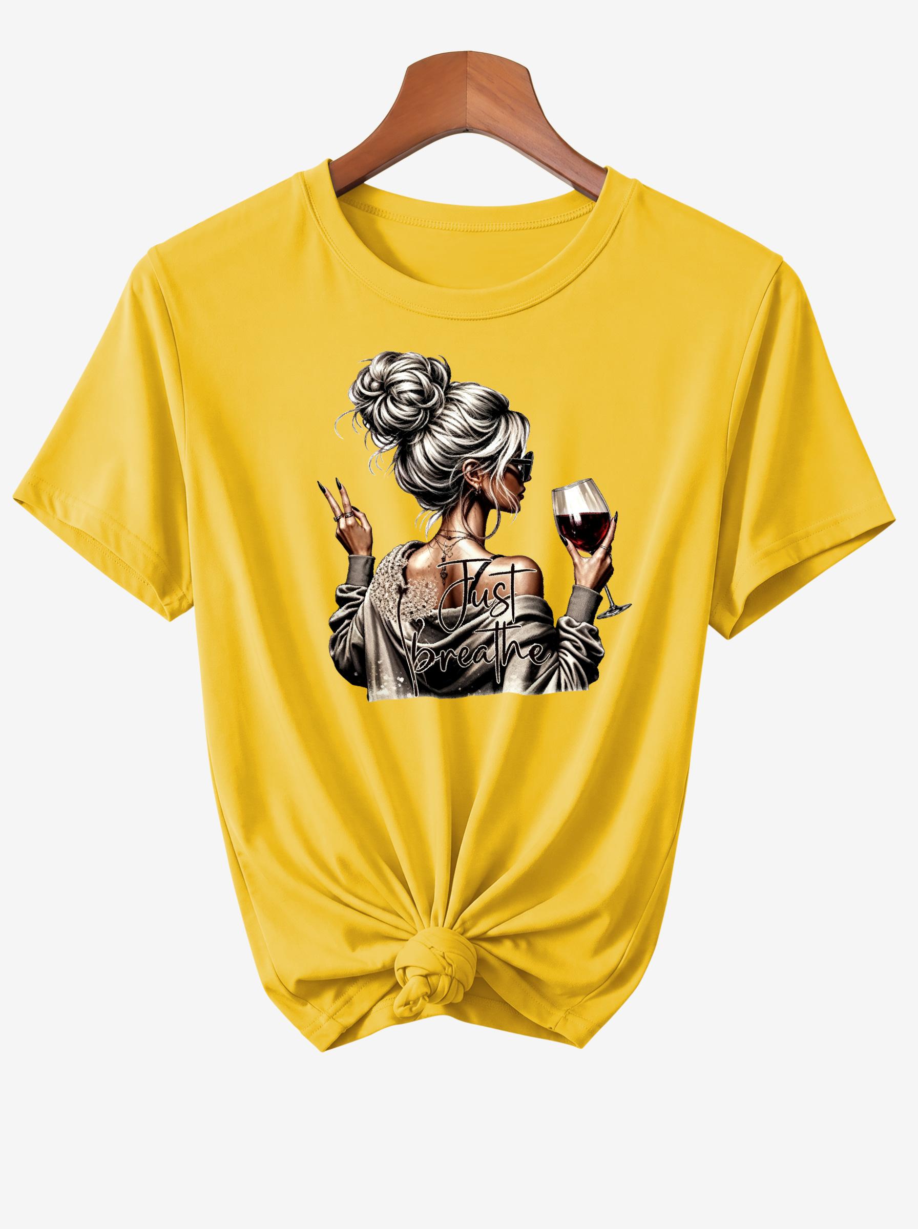 Women's Lazy Bun Wine Girl Print Short Sleeve T-Shirt, Fashion Casual Round Neck Summer Loose Top, Ideal Gift for Wine Lovers, Mom, Best Friend