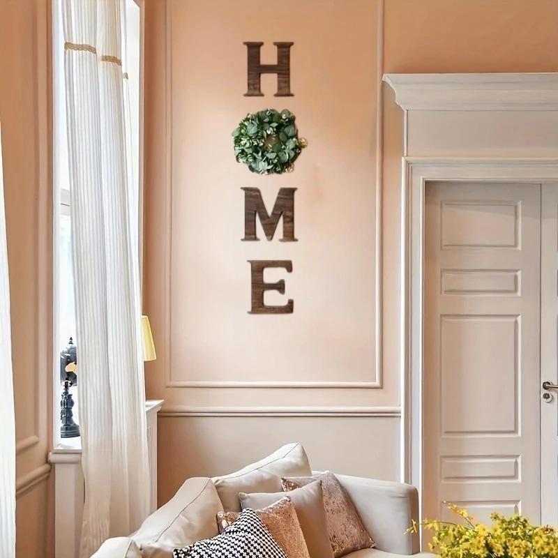 Wooden HOME Letters with Artificial Eucalyptus Wreath, Modern Hanging Farmhouse Sign, Wall Decor for Living Room and Kitchen and Christmas