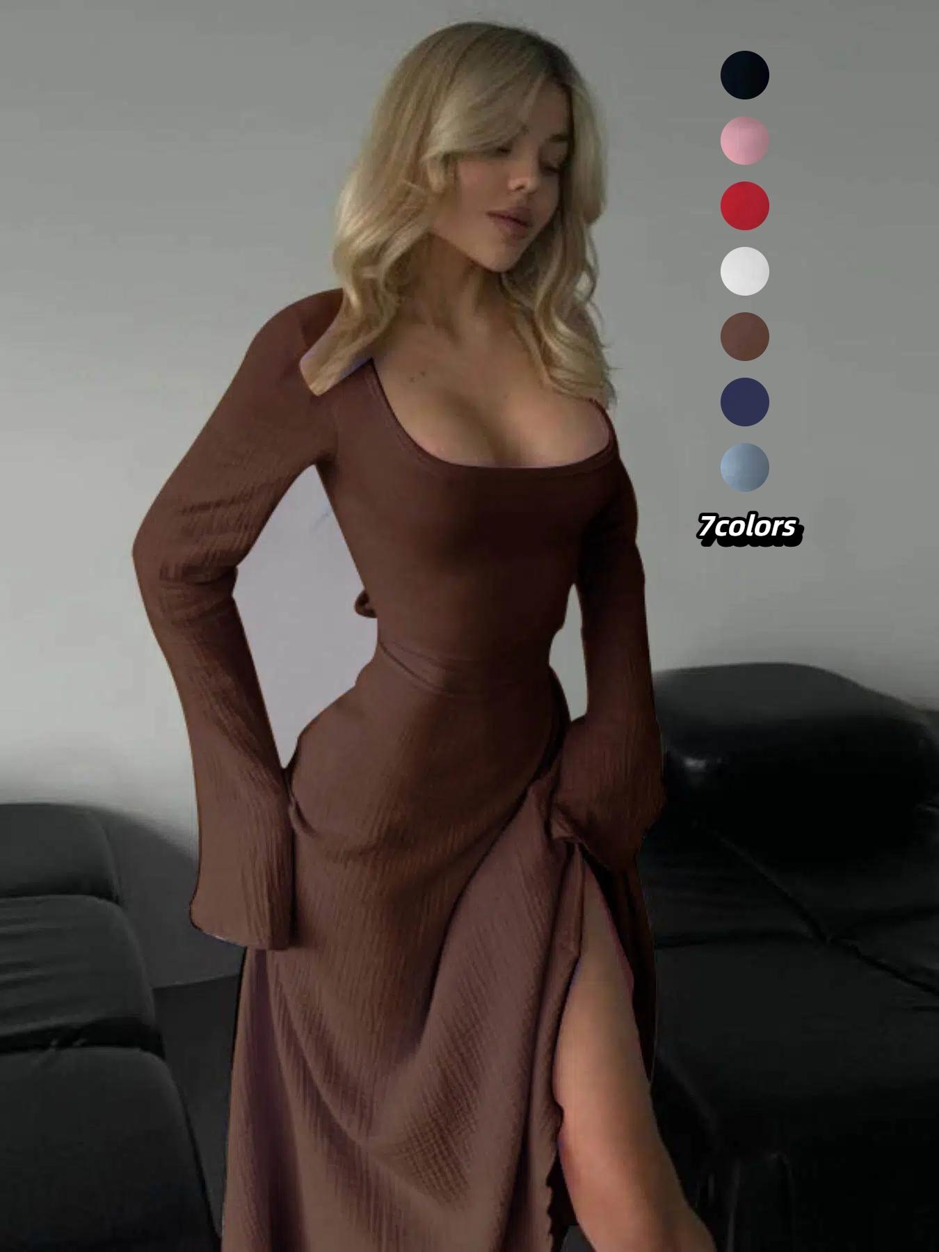 Women's Plain Lace Up Flounce Sleeve Dress, Elegant Square Neck Long Sleeve A Line Dress for Spring & Fall, Women's Clothing for Daily Wear