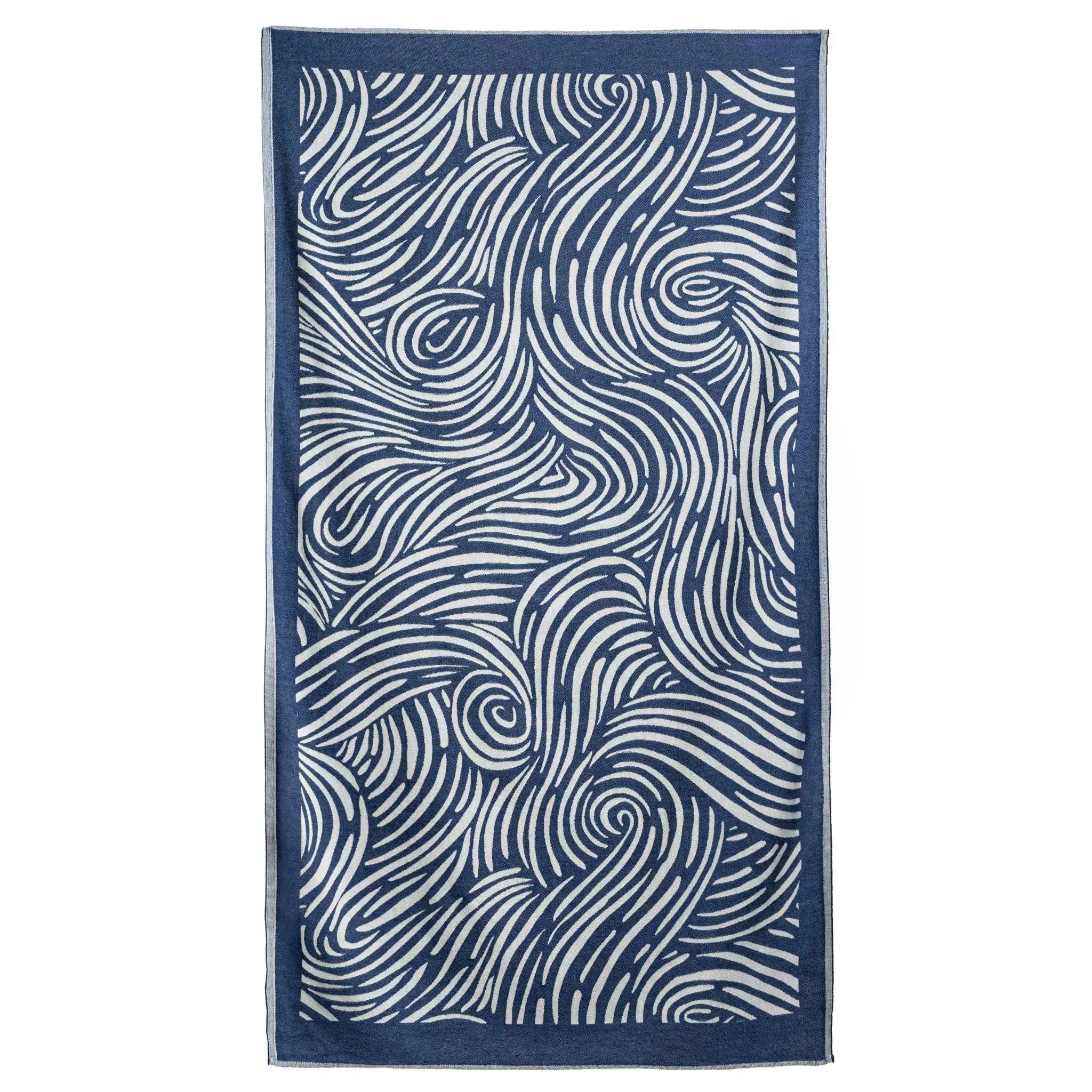 Blue Wave Print Fringeless Lightweight Turkish Beach Towel - Sand-Free, Quick-Dry, Multi-Use Travel & Bath Linen