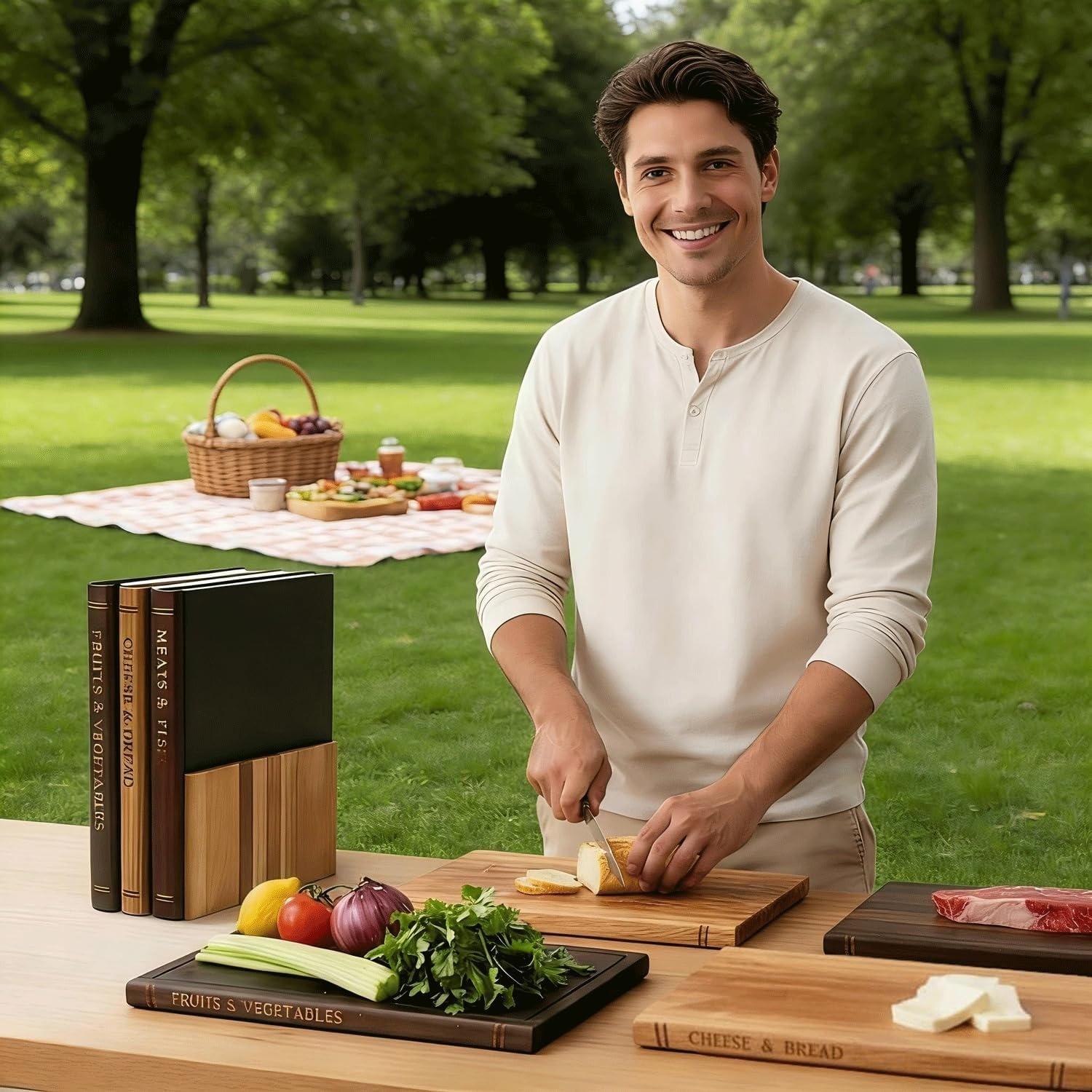 Premium Acacia Wood Cutting Board Set, 4-Piece Book-Shaped Chopping Boards, Color-Coded Tabs, Elegant Kitchen Gift Decor