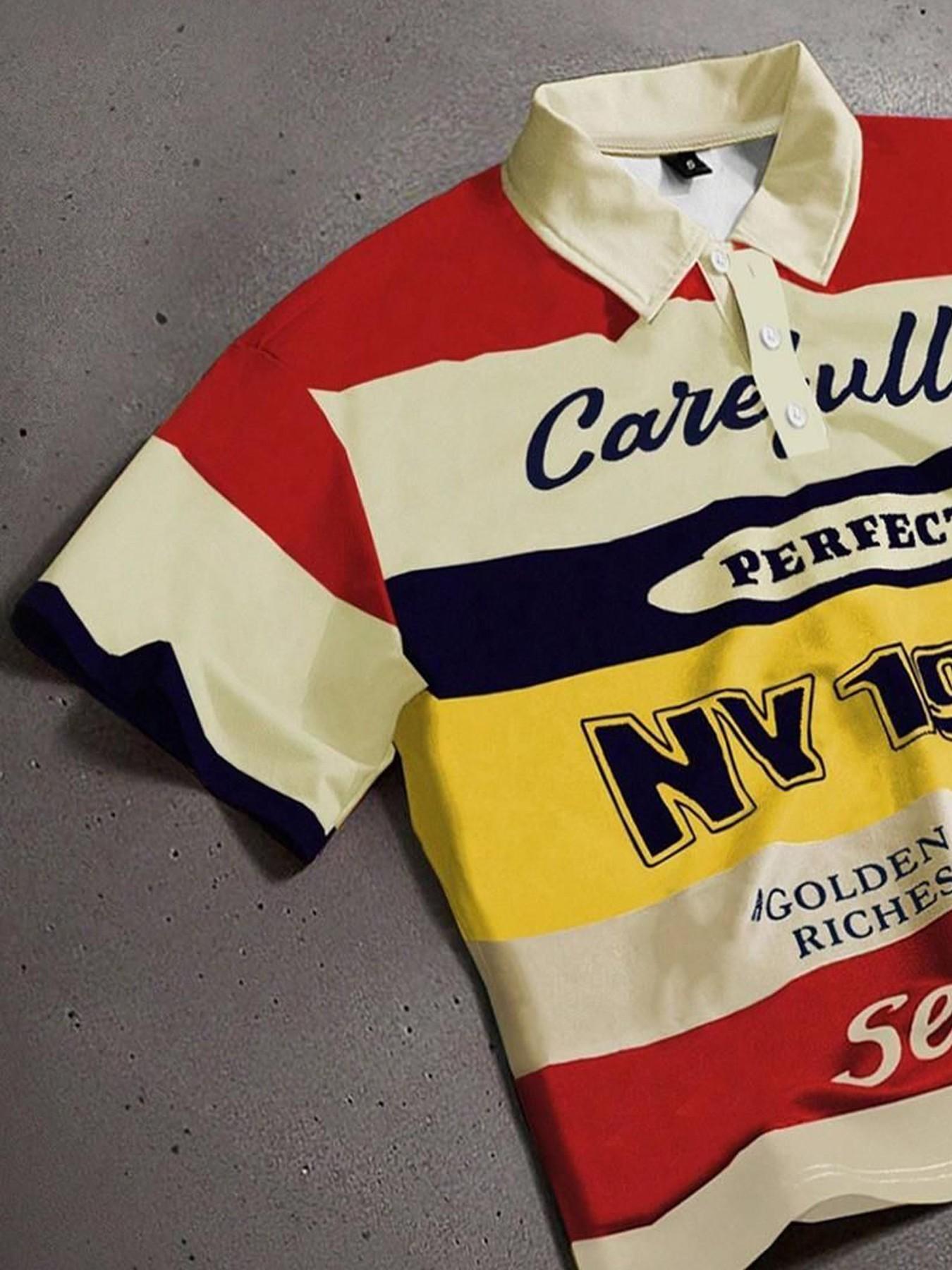 American Vintage College Style Ny1968 Striped All Over Print Polo Shirt, Colorblock Short Sleeve, Loose Fit Unisex Top, Casual Fashion Apparel, Menswear