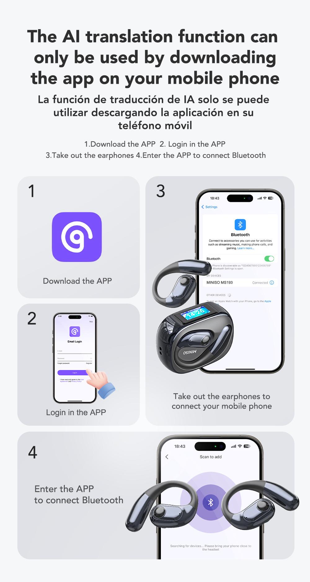 MINISO MS193 AI Translation Earbuds Open Ear Wireless Headphones 134 Languages Translatable Bluetooth Smart Earphones with APP LCD Screen Display Charging Case