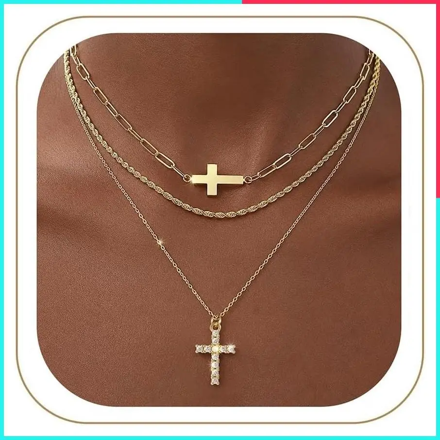 Women's 3Pcs 14K Gold Plated Cubic Zirconia Cross Necklace Set - Layered Adjustable Stackable Jewelry Gift