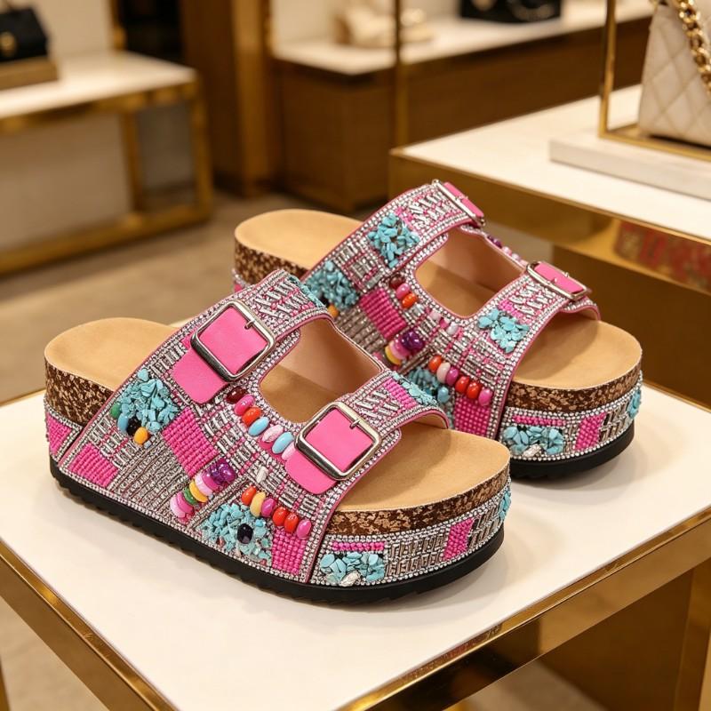 Womens Pink Boho Beaded Rhinestone Platform Slide Sandals, Colorful Embellished Two Strap Buckle Flat Sandals, Comfort Summer Beach & Casual Footwear