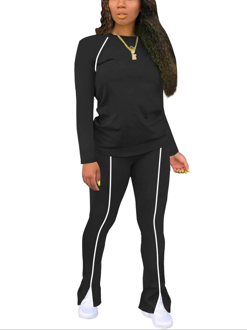 Women's Fashion New Round Neck Solid Color Patch Long Sleeve Top & Pants Set, Two-Piece for Casual Wear